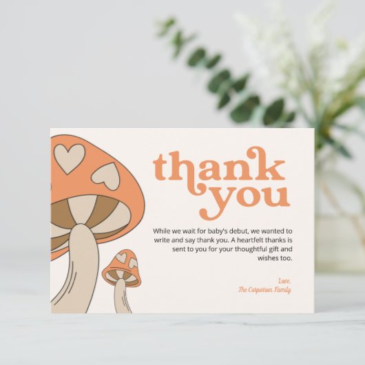 Paddenstoel Baby shower Dank u wel | Oranje en bru Bedankkaart (Staand voorkant)