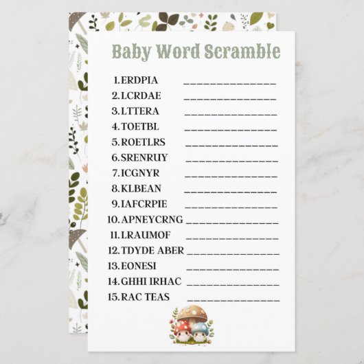 Paddenstoel Baby Word Scramble (Voorkant / Achterkant)