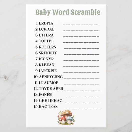 Paddenstoel Baby Word Scramble (Voorkant)