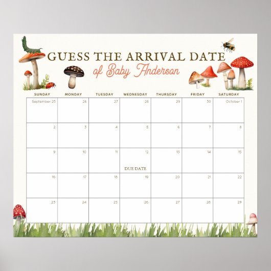 Paddenstoel & Bij Raad de Verwachte Datum Kalender Poster (Voorkant)