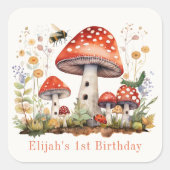 Paddenstoel Bloemen Bijen Worm Boy Verjaardag Vierkante Sticker (Voorkant)