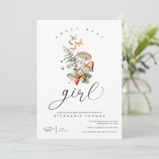 Paddenstoel en aardbeien Baby shower Kaart (Staand voorkant)