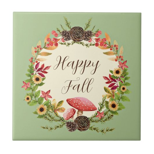 Paddenstoel en zonnebloemen met aanpasbare tekst tegeltje (Voorkant)