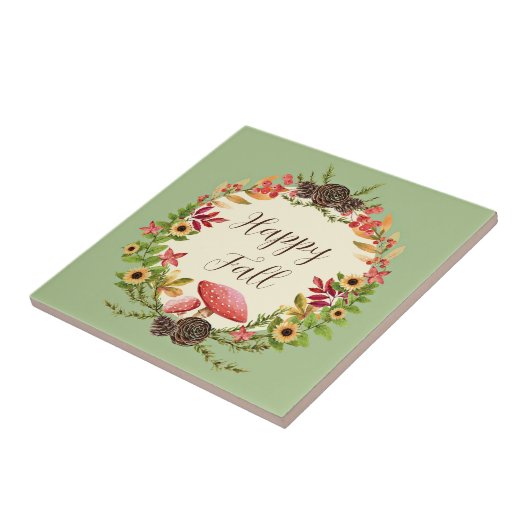 Paddenstoel en zonnebloemen met aanpasbare tekst tegeltje (Zijkant)