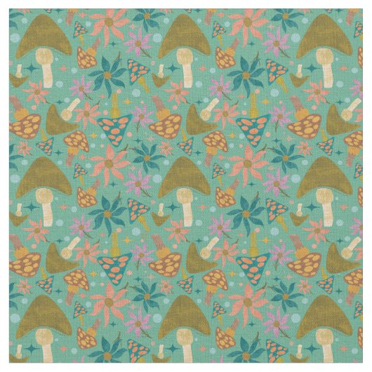 Paddenstoel Floral Mint Pattern Retro Stof (Close Up)