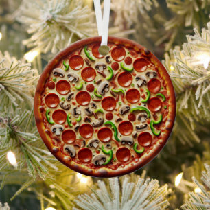 Paddenstoel, Groene Paprika en Pepperoni Pizza Metalen Ornament