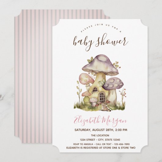 Paddenstoel Huizen Pink Stripes Baby shower Kaart (Voorkant / Achterkant)