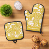 Paddenstoel Mosterd Wit Ovenwant & Pannenlap Set (Top down)