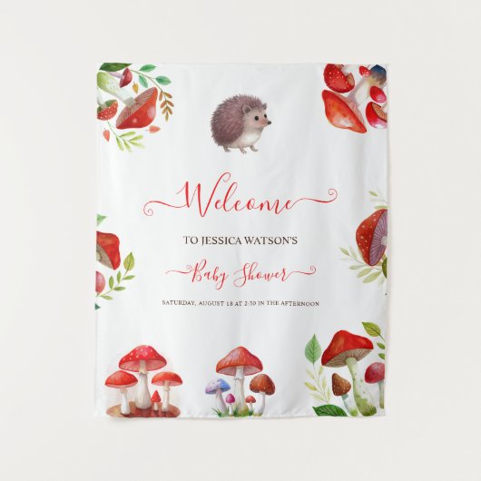 Paddenstoel Rood Aquarel Bos Rustieke Baby Shower Wandkleed (Voorkant)