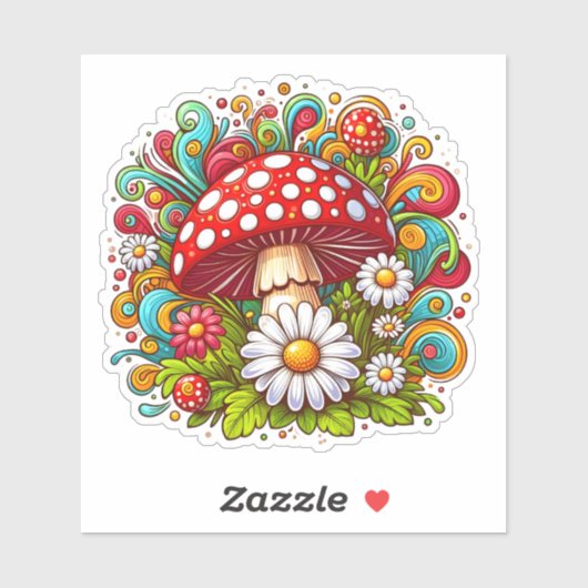 Paddenstoel te midden van levendige bloemen buiten sticker (Vel)