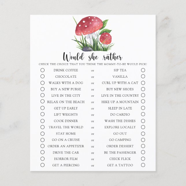 Paddenstoel Would She Rather Baby Shower Spel (Voorkant)