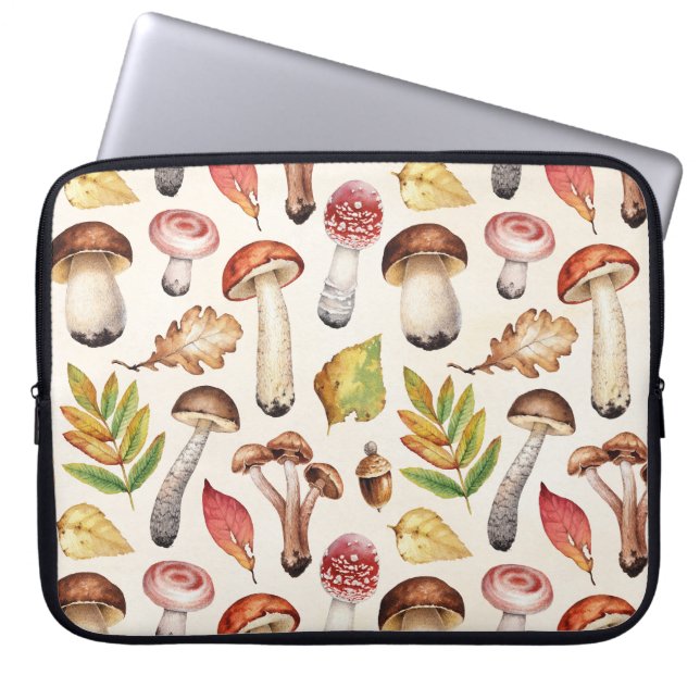 Paddenstoelbladeren: Waterverf illustratiepatroon Laptop Sleeve (Voorkant)
