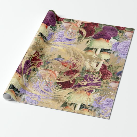 Paddenstoelbos Antiek goudRoos Marsala Paars Cadeaupapier (Uitgerold)