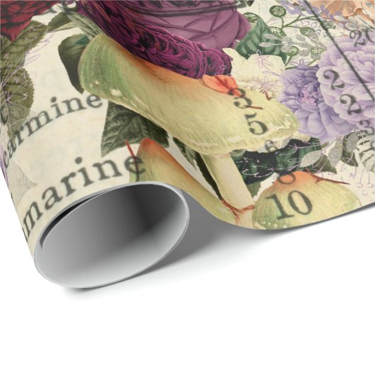 Paddenstoelen Antiek Ephemera Marsala Red Cadeaupapier (Rol Hoek)