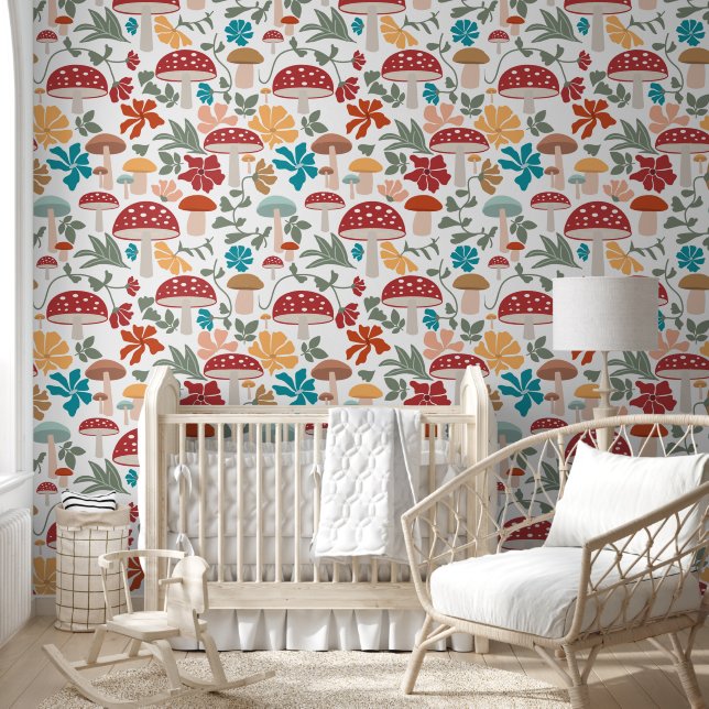 Paddenstoelen & Bloemen Mid Century Modern Patroon Behang (Kinderen)