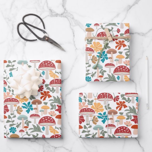 Paddenstoelen & Bloemen Mid Century Modern Patroon Inpakpapier Vel (Voorkant)
