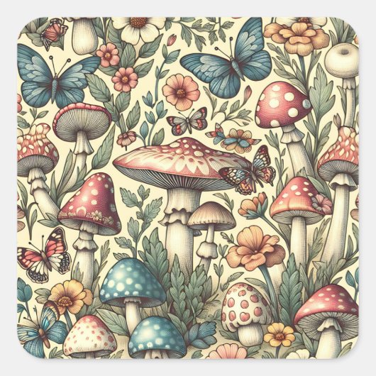  paddenstoelen, bloemen, vlinders grillig vierkante sticker (Voorkant)