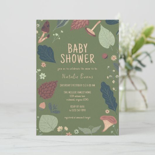 Paddenstoelen en -bladeren | Neutraal groen Baby s Kaart (Staand voorkant)