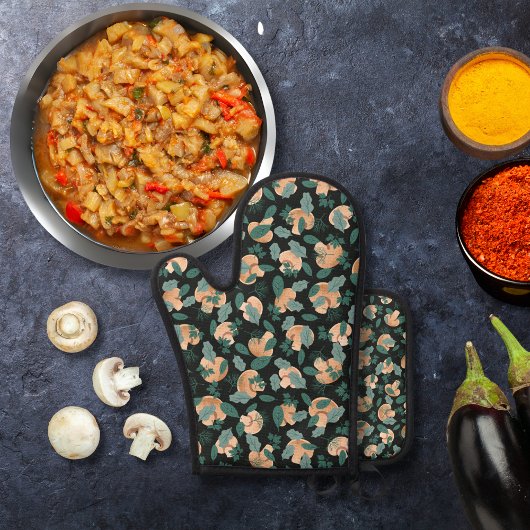 Paddenstoelen en bladgroenten zwart ovenwant & pannenlap set