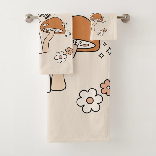 Paddenstoelen en bloemen aartafels beige retro 70' bad handdoek (Insitu)