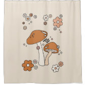 Paddenstoelen en bloemen aartafels beige retro 70' douchegordijn (Voorkant)
