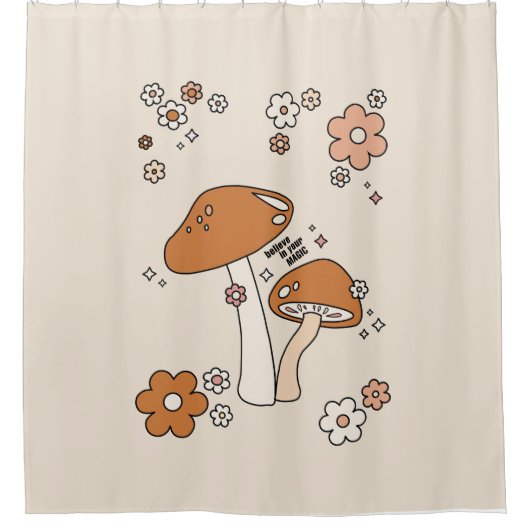 Paddenstoelen en bloemen aartafels beige retro 70' douchegordijn (Voorkant)