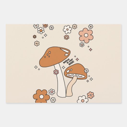 Paddenstoelen en bloemen aartafels beige retro 70' inpakpapier vel (Voorkant 2)