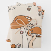 Paddenstoelen en bloemen aartafels beige retro 70' inpakpapier vel (In situ)