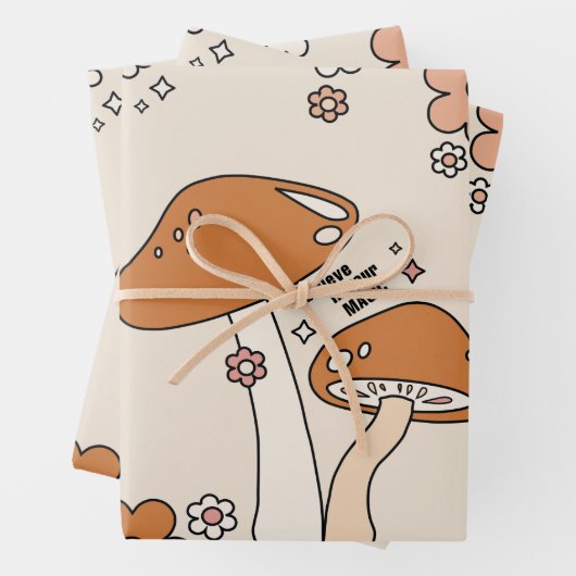 Paddenstoelen en bloemen aartafels beige retro 70' inpakpapier vel (In situ)