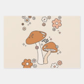 Paddenstoelen en bloemen aartafels beige retro 70' inpakpapier vel (Voorkant)