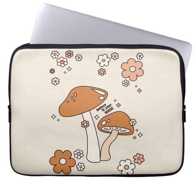 Paddenstoelen en bloemen aartafels beige retro 70' laptop sleeve (Voorkant)