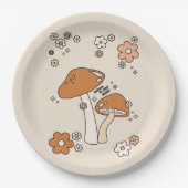 Paddenstoelen en bloemen aartafels beige retro 70' papieren bordje (Voorkant)