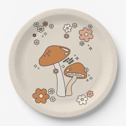 Paddenstoelen en bloemen aartafels beige retro 70' papieren bordje (Voorkant)