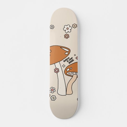 Paddenstoelen en bloemen aartafels beige retro 70' persoonlijk skateboard (Voorkant)