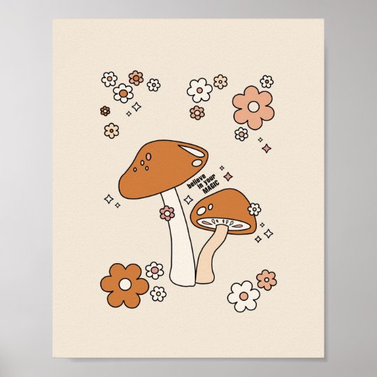 Paddenstoelen en bloemen aartafels beige retro 70' poster (Voorkant)