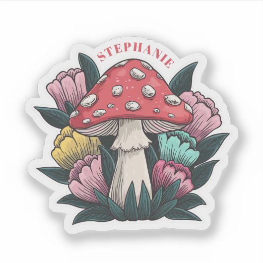Paddenstoelen en bloemen Custom Name Vinyl Sticker (Voorkant)
