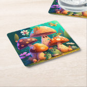 Paddenstoelen en bloemen, groen kartonnen onderzetters (Schuin)
