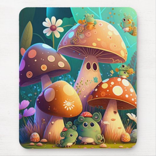 Paddenstoelen en bloemen, groen muismat (Voorkant)