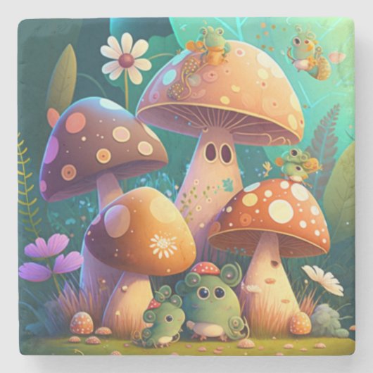 Paddenstoelen en bloemen, groen stenen onderzetter (Voorkant)