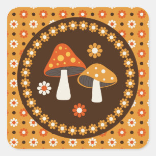 Paddenstoelen en bloemen, met zoete retro vierkante sticker