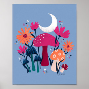 Paddenstoelen en floralen - moonsteenblauw en verb poster