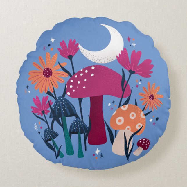 Paddenstoelen en floralen - moonsteenblauw en verb rond kussen (Voorkant)