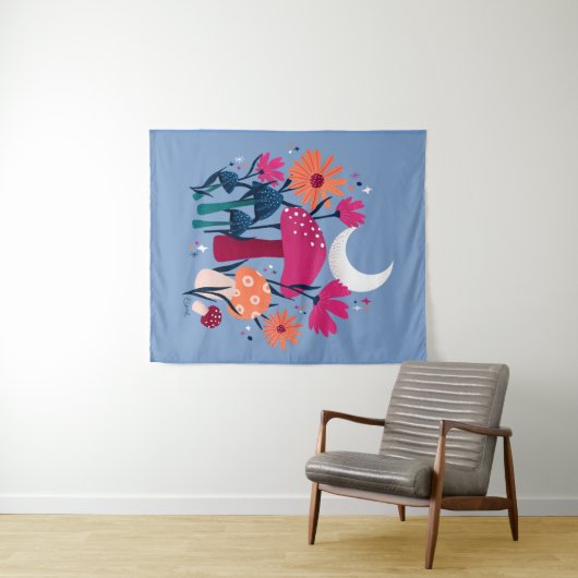 Paddenstoelen en floralen - moonsteenblauw en verb wandkleed (In Situ (horizontaal))