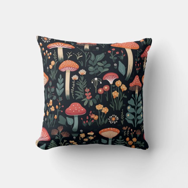 Paddenstoelen en gebladerte op zwarte achtergrond kussen (Voorkant)