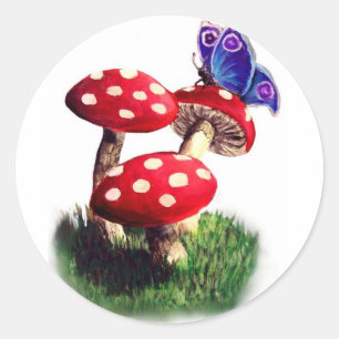 Paddenstoelen en vlindersticker ronde sticker