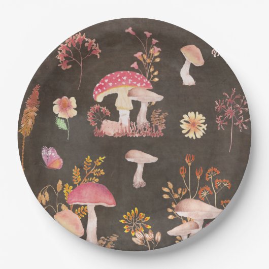 Paddenstoelen en wilde bloemen papieren bordje (Voorkant)