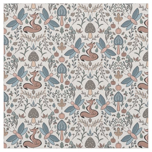 Paddenstoelen Fox & Dragonfly Cute Autumn Pattern Stof (Close Up)