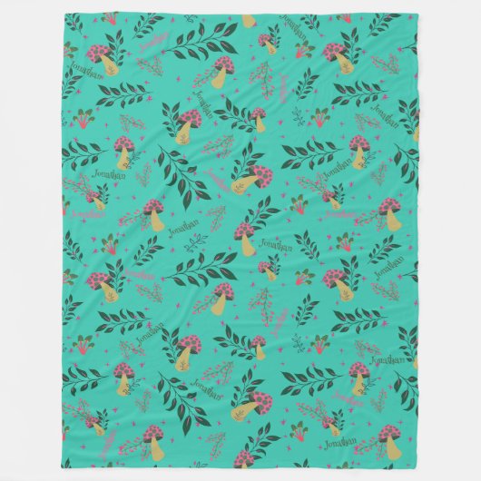 Paddenstoelen, groen en bloemmotief aangepaste naa fleece deken (Voorkant)