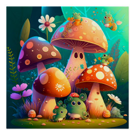 Paddenstoelen groene floralen in het veld perfect poster