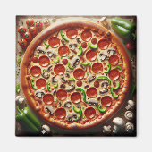 Paddenstoelen, groene paprika's en Pepperoni Pizza Magneet (Voorkant)